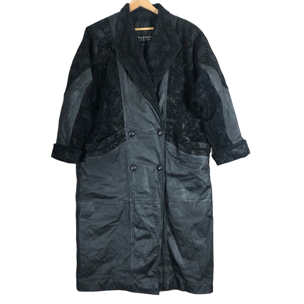 Wilsons Leather Black Mixed Media Long Coat Vinta… - image 1
